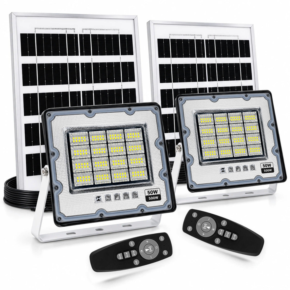 Paquete de 2 reflectores solares LED 50W, cada uno con su panel solar, control remoto y soporte