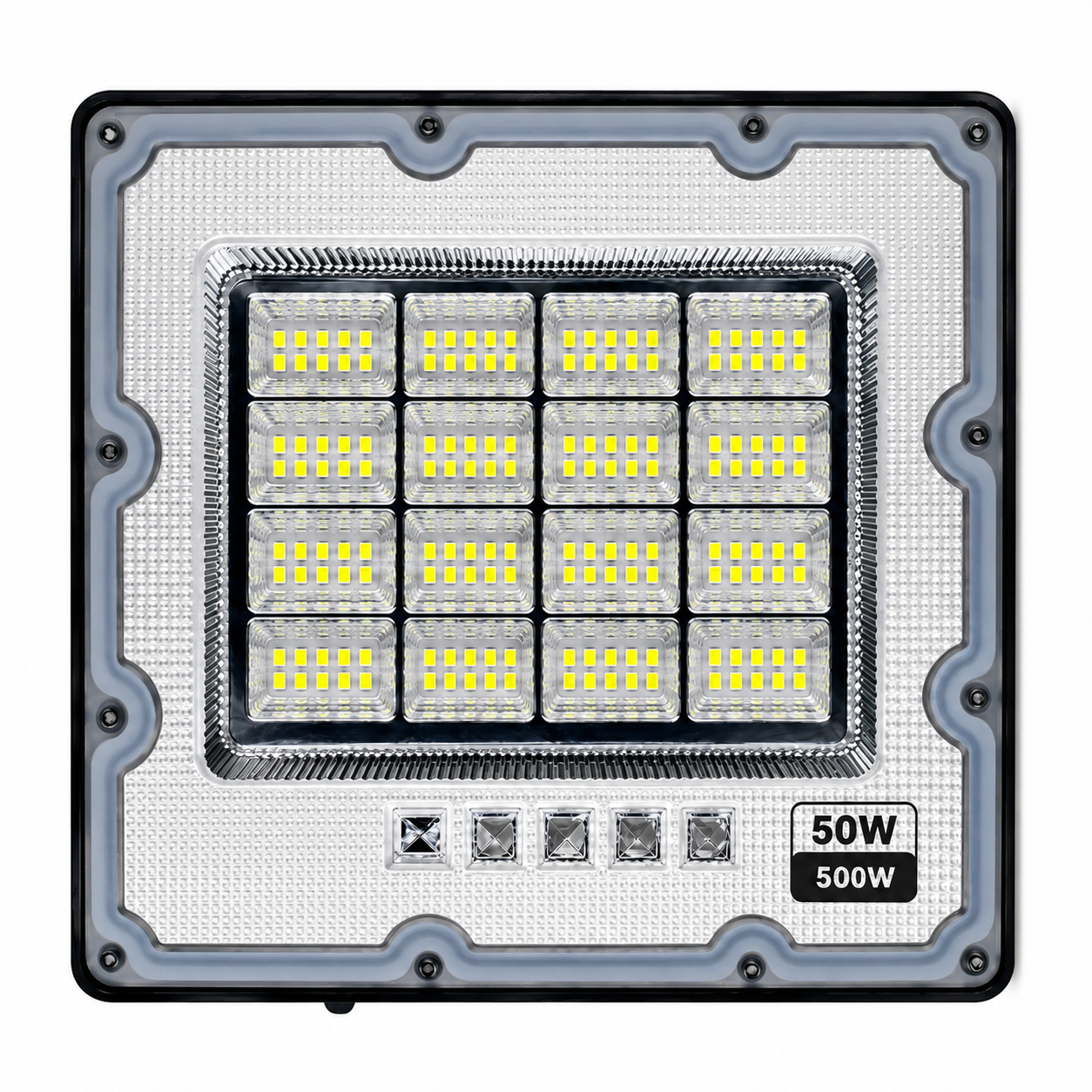 Reflector solar LED 50W visto de frente, 16 modulos de LEDs