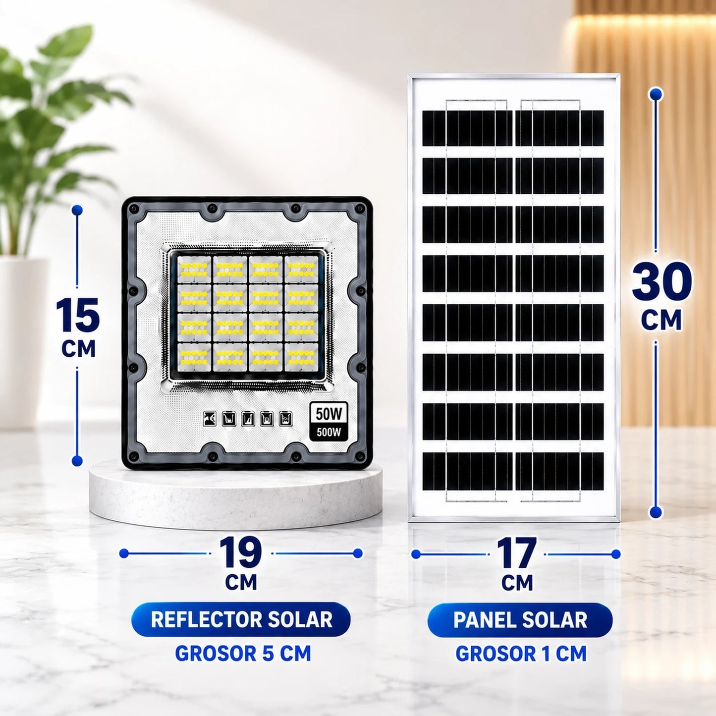 Medidas del reflector solar LED 50W: 19x15x5 cm y panel solar de 30x17 cm
