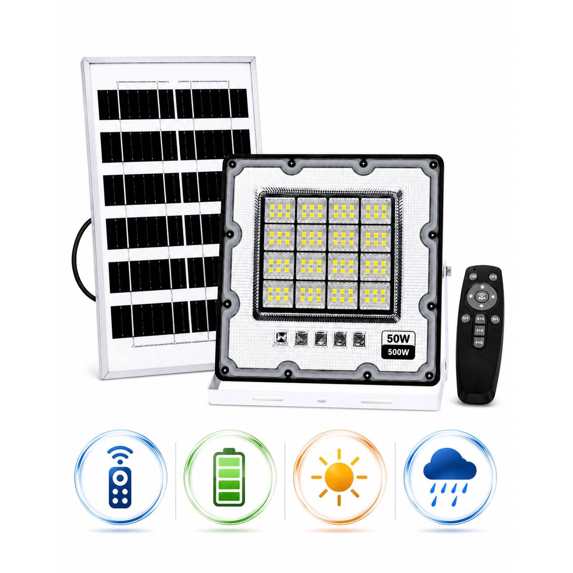 Reflector solar LED 50W con panel solar y control remoto: a distancia, bateria, energia solar y resistente a la lluvia
