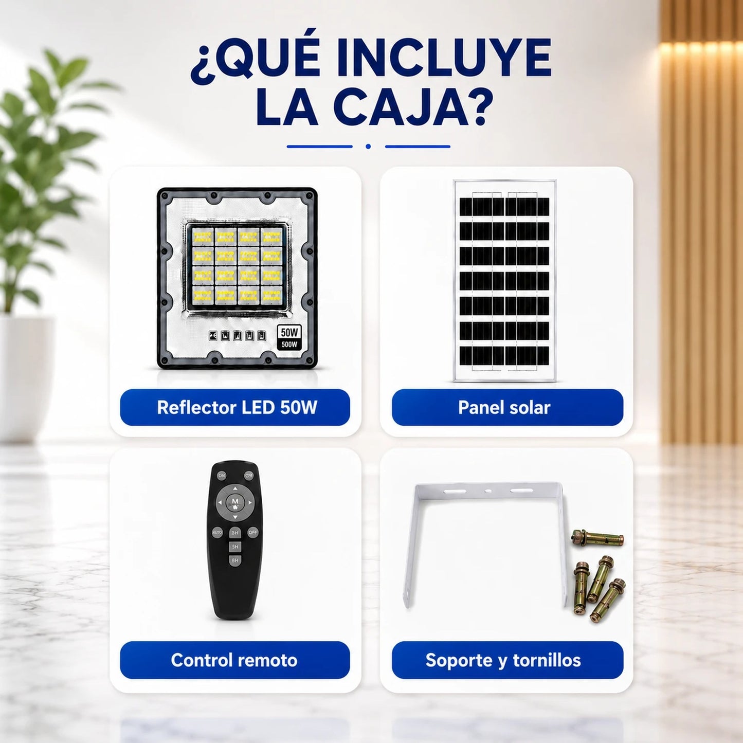 Que incluye la caja: reflector LED 50W, panel solar, control remoto, soporte y tornillos