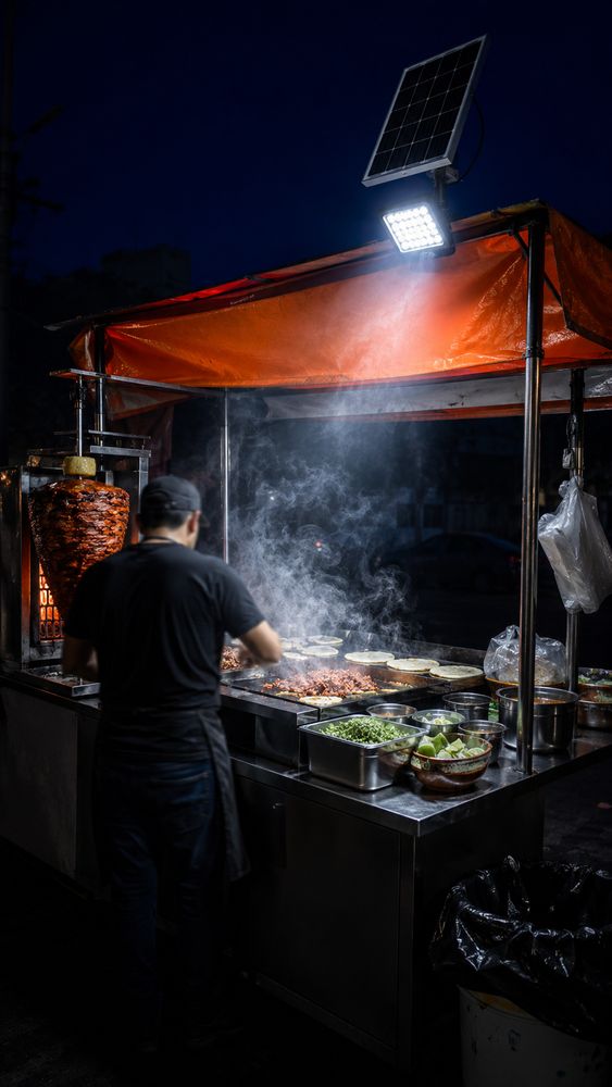 Puesto de tacos con luz blanca